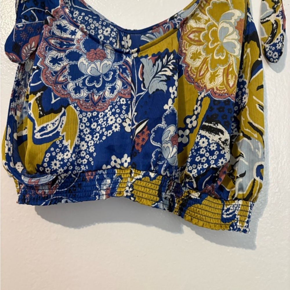 Intimately Free People Boho Floral Tie Strap Crop Top Blue Mustard
